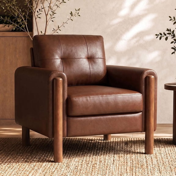 LAZZO Faux Leather Accent Chair, Mid-Century Modern Oversized Armchair with Tufted Design for Waiting Room Office, Brown