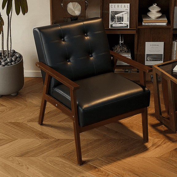 LAZZO Mid-Century Retro Modern Accent Chair Wooden Arm Upholstered Tufted Back Lounge Chairs Seat Size 24.4" 18.3" (Deep) (Square Leg Black)