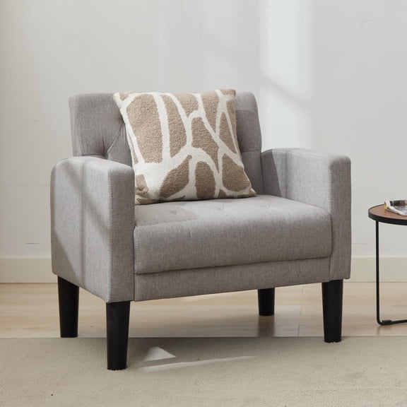 LAZZO Mid-Century Tufted Fabric Accent Chair, Modern Upholstered Armchair for Living Room Bedroom Office, Light Gray
