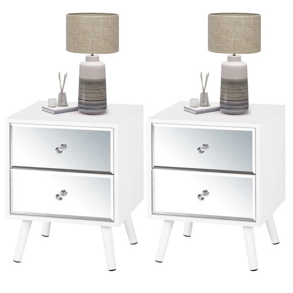 LAZZO Mirrored Nightstand Set of 2, Modern White 2-Drawer Bedside Table for Bedroom and Living Room