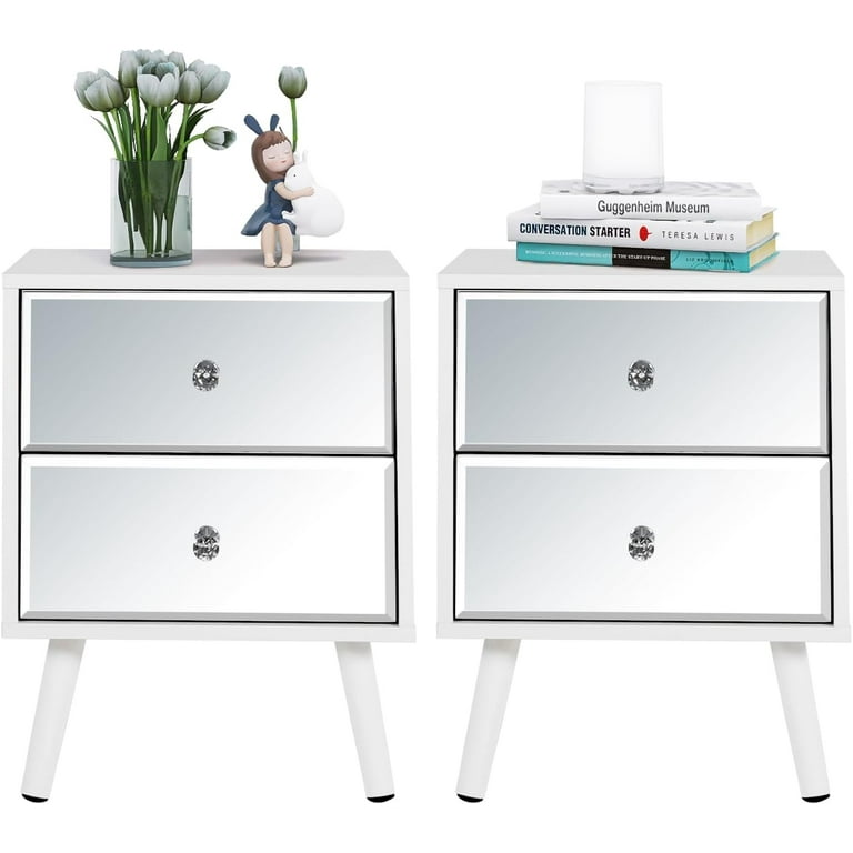 LAZZO Mirrored Nightstand Set of 2 White