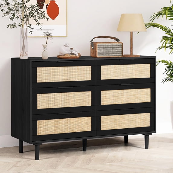 LAZZO 6-Drawer Rattan Dresser, Modern Chest of Drawers, Wooden Storage Organizer for Bedroom, Living Room & Hallway, Black
