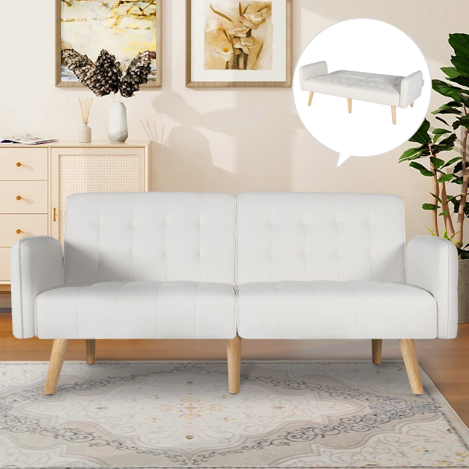 LAZZO 65" W Folding Futon Couch Sofa Bed w/ 2 USB Charging Ports, White