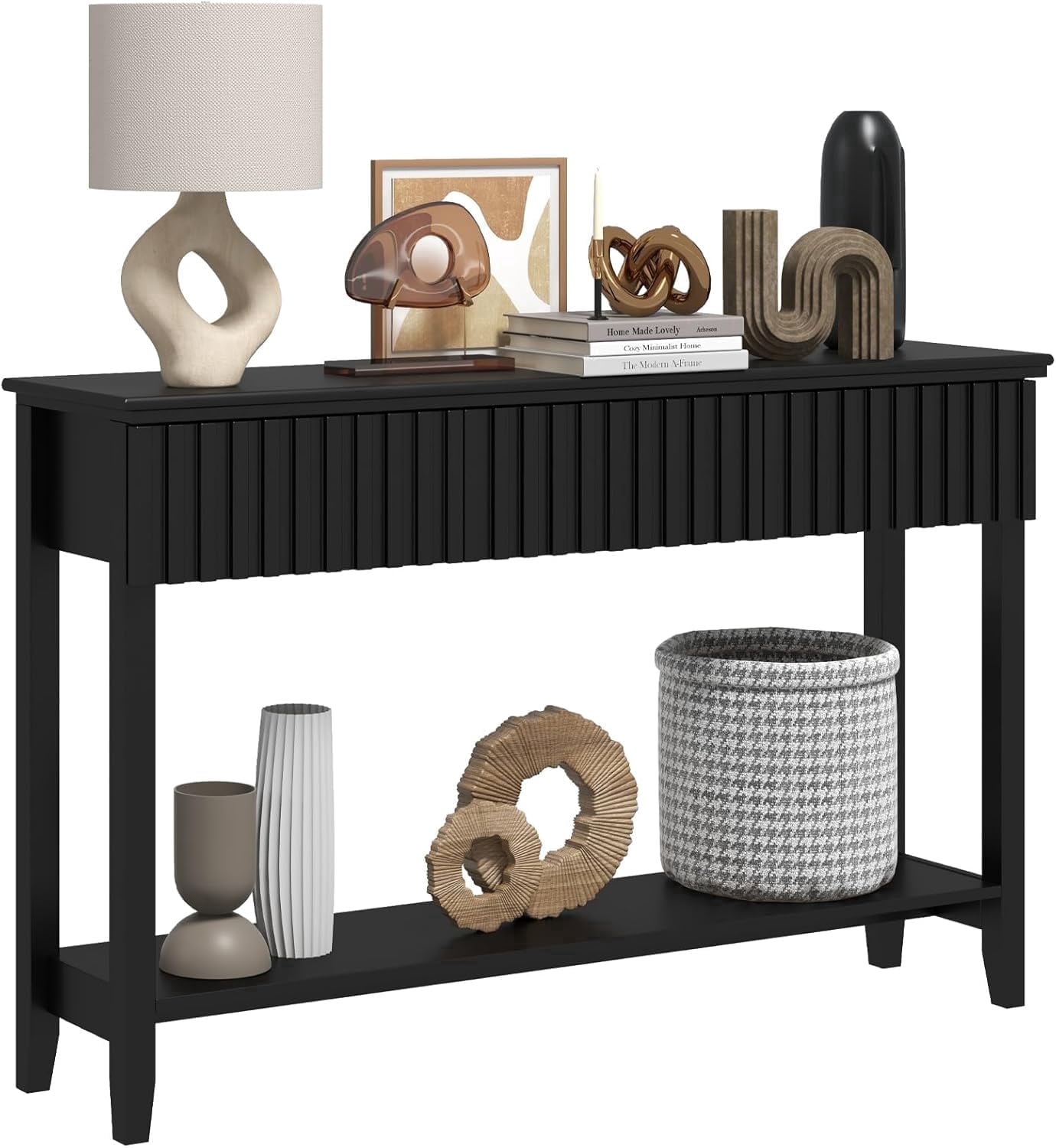 LAZZO Modern Fluted Console Table, Narrow Long Behind Couch Sofa Entryway Table with 3 Drawers & 1-Tier Open Shelf, Black