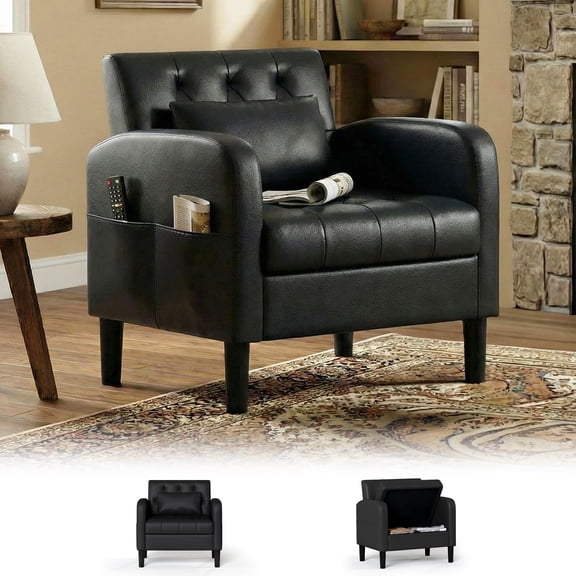 LAZZO Modern Leather Accent Chair with Storage, Comfy Reading Armchair for Living Room, Bedroom, Office & Waiting Room, Black