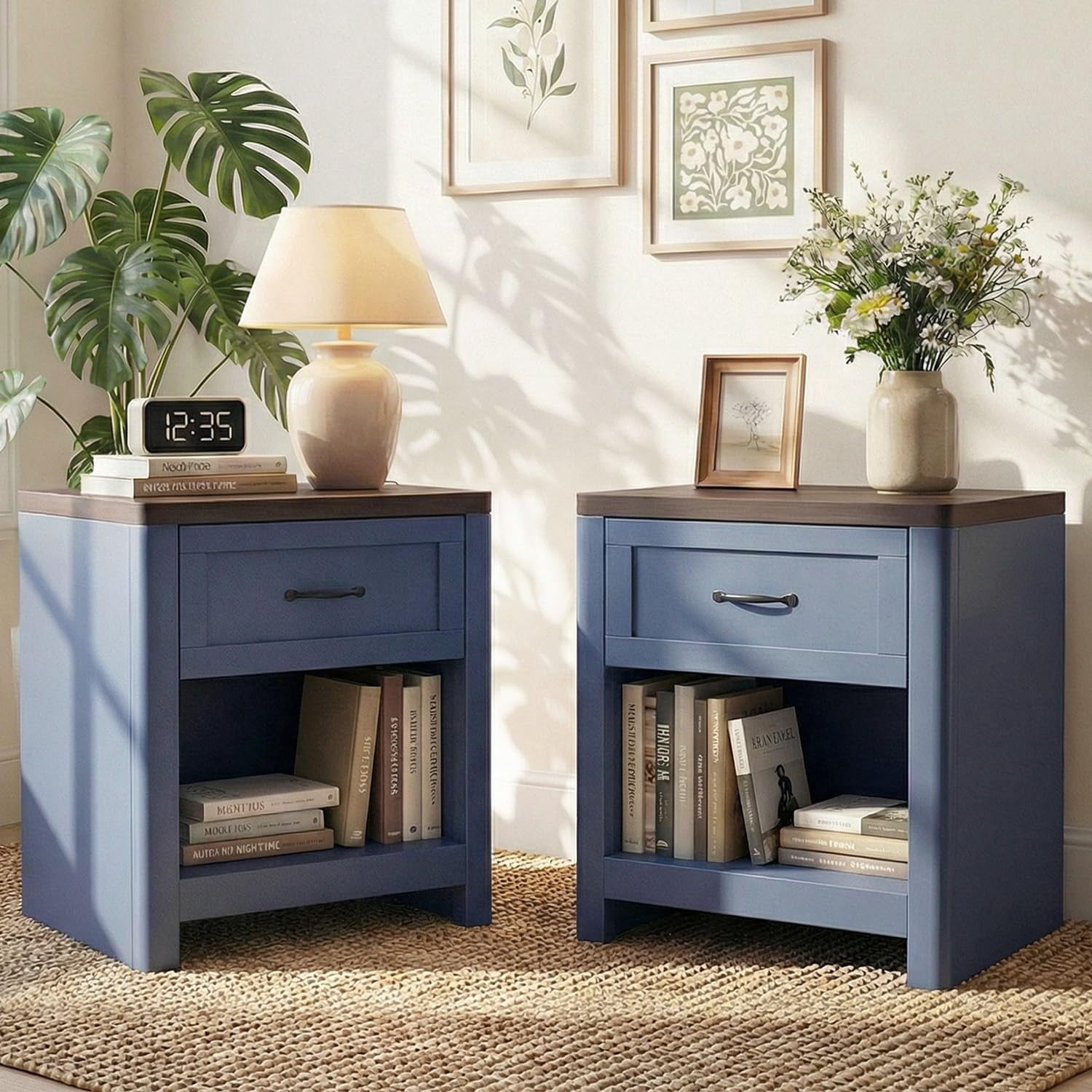 LAZZO Nightstand Set of 2, Farmhouse Wooden Bedside Table with 1