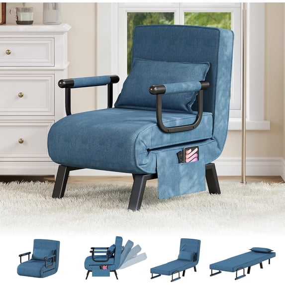 LAZZO 5-in-1 Convertible Sleep Chair Bed, Comfy Folding Sleeper Chair for Adults with Adjustable Backrest, Side Pockets & Pillow, Blue