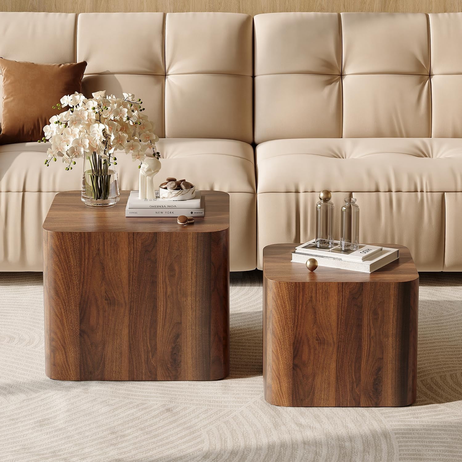 LAZZO Nesting Coffee Table Set of 2, Modern Wooden Coffee Table & End Table, Small Side Tables for Living Room, Bedroom & Apartment, Brown