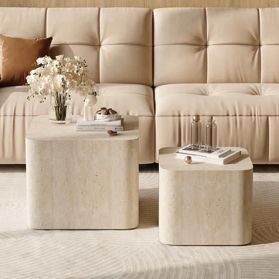 LAZZO Nesting Coffee Table Set of 2, Modern Wooden Coffee Table & End Table, Small Side Tables for Living Room, Bedroom & Apartment, Beige