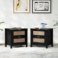 thumbnail image 1 of LAZZO Nightstand Set of 2 with Wireless Charging, Boho Rattan 2-Drawer Bedside Table for Bedroom, Black, 1 of 9