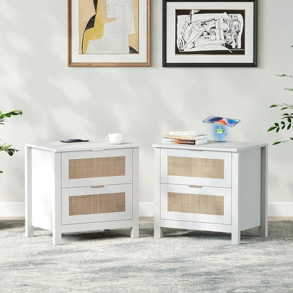 LAZZO Nightstand Set of 2 with Wireless Charging, Boho Rattan 2-Drawer Bedside Table for Bedroom, White