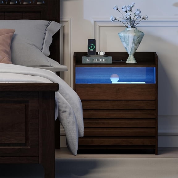 LAZZO Set of 2 Nightstands with LED Lights, Modern Nightstand with Charging Station & USB Ports for Bedroom, Brown