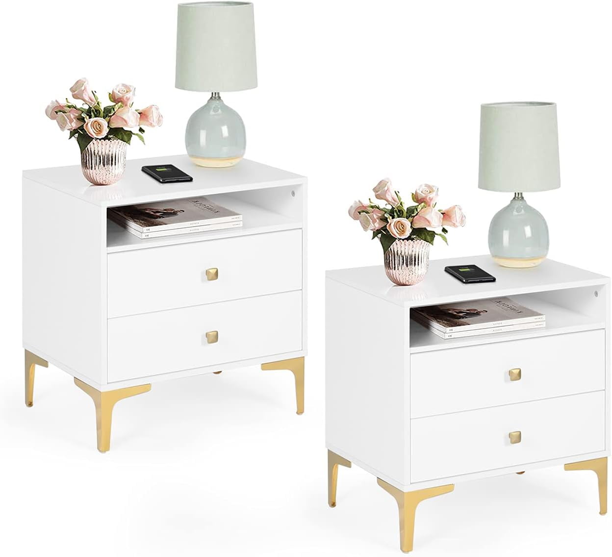 White MDF Nightstands with Wireless Charging and Gold Accents, Set of 2