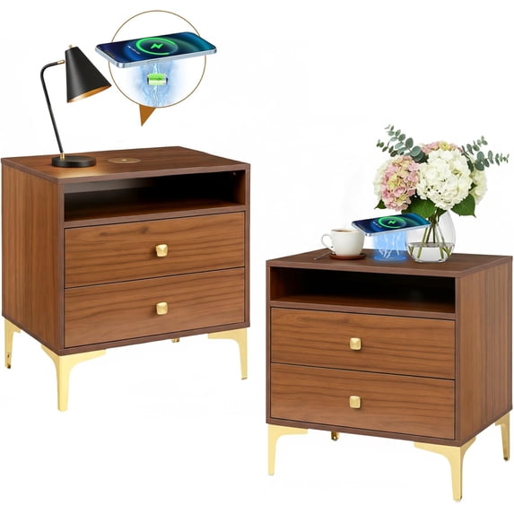 LAZZO Nightstand Set of 2 with Wireless Charging Function, Wooden NightStands with Drawers,Brown