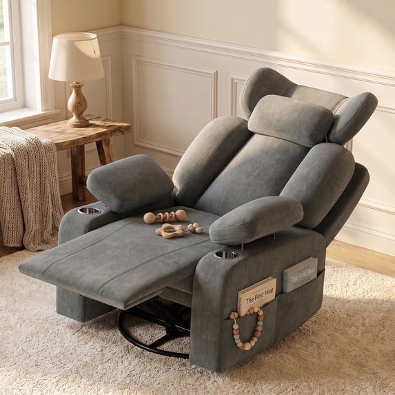 LAZZO Nursery Recliner Chair, 360° Swivel Rocking Glider with Adjustable Headrest, Armrests, Footrest, Cup Holder and Lumbar Pillow, Gray