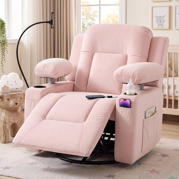 LAZZO Nursery Recliner Chair, Power 320° Swivel Chair with Remote, Cup Holder, Adjustable Armrest, Footrest, Pink