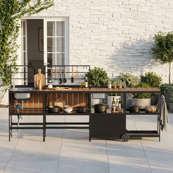 LAZZO Outdoor Kitchen Serving Station with Sink, Modular Aluminum Patio Kitchen Set with Grill Cart, Ice Box and Large Countertop, Black