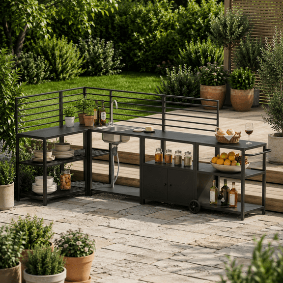 LAZZO Outdoor Kitchen Serving Station, Grill Cart with Sink & Stainless Steel Faucet, Storage Cabinet, Shelves and Hooks, Black