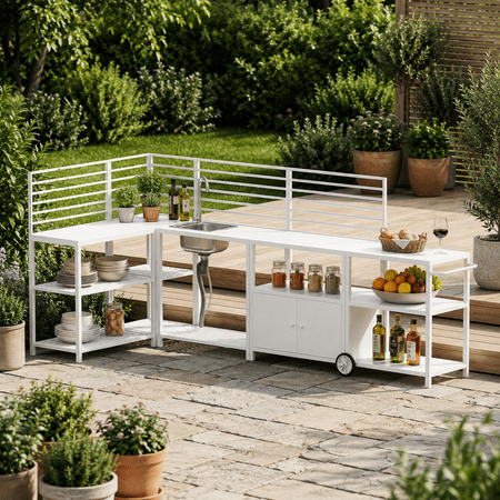 LAZZO Outdoor Kitchen Serving Station, Grill Cart with Sink & Stainless Steel Faucet, Storage Cabinet, Shelves and Hooks, White
