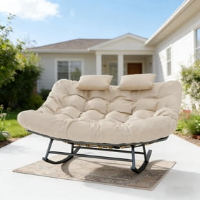 LAZZO Outdoor Rocking Papasan Chair with Headrests, 2-Person Oversized Loveseat Rocker with Soft Cushion for Garden & Balcony, Beige