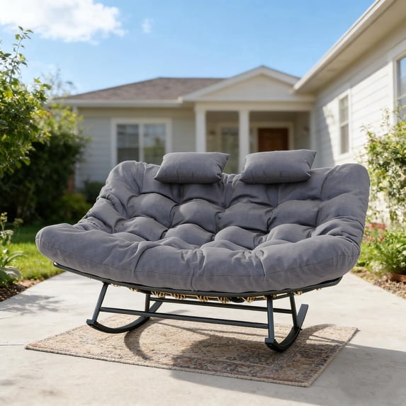 LAZZO Outdoor Rocking Papasan Chair with Headrests, 2-Person Oversized Loveseat Rocker with Soft Cushion for Garden & Balcony, Gray