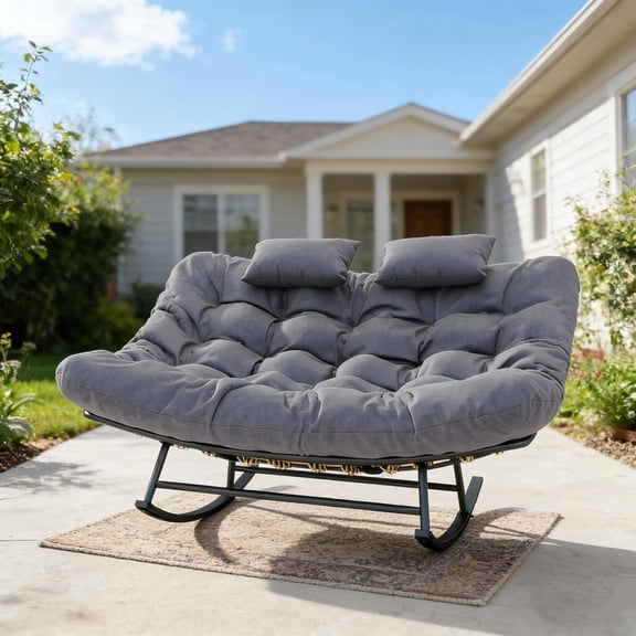 LAZZO Outdoor Rocking Papasan Chair with Headrests, 2-Person Oversized Loveseat Rocker with Soft Cushion for Garden & Balcony, Gray