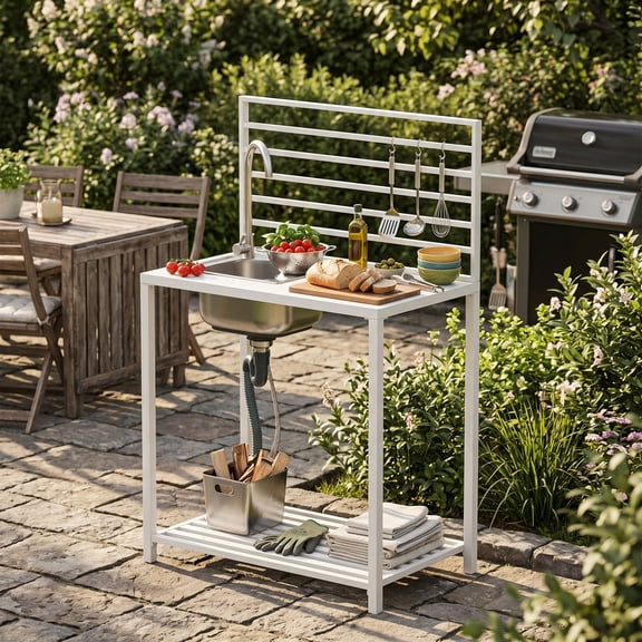 LAZZO Outdoor Stainless Steel Sink, Free Standing Steel Sink Table with Faucet and Shelf for Outdoor Use, White