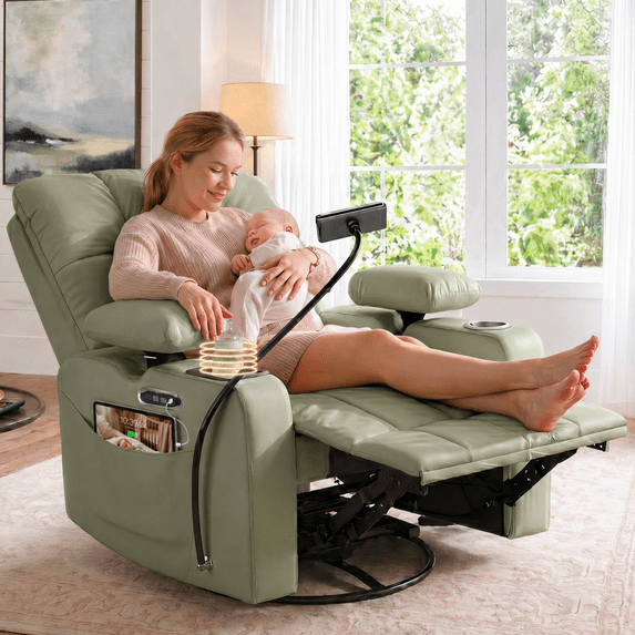 LAZZO Power Recliner Chair, Swivel Rocking Nursery Glider with Adjustable Headrest and Armrests, USB Charging and Cup Holder, Green