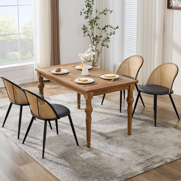 LAZZO Rattan Dining Chairs Set of 4, Modern Mid-Century Boho Kitchen Chairs with Faux Leather Cushions & Adjustable Foot Pads, Black