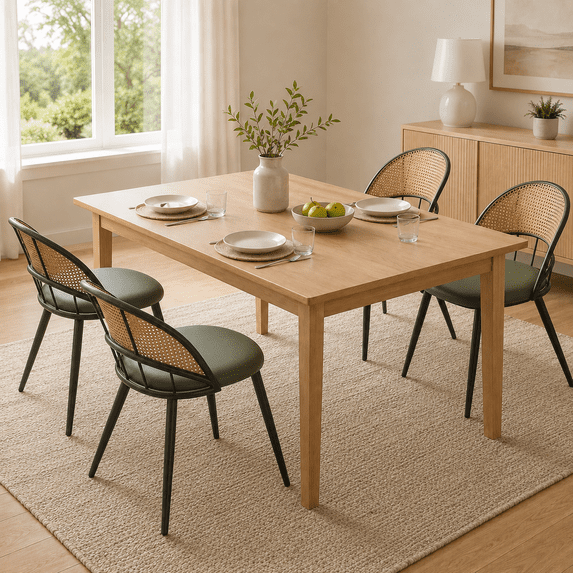 LAZZO Rattan Dining Chairs Set of 4, Mid-Century Modern Kitchen Chairs with Faux Leather Cushions and Metal Legs for Dining Room, Green