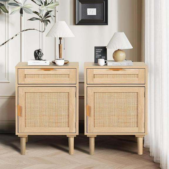 LAZZO Rattan Nightstand Set of 2 with Drawers, Boho Bedside Table for Bedroom, Small Space Rattan End Table, Natural Wood Color