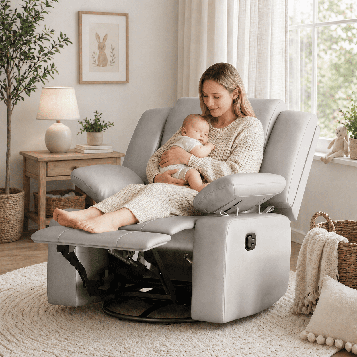 LAZZO Recliner Chair with Adjustable Armrest and Headrest, Upholstered Swivel Rocking Chair for Nursery & Living Room, Gray