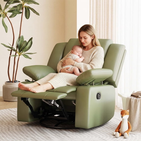 LAZZO Recliner Chair with Adjustable Armrest and Headrest, Upholstered Swivel Rocking Chair for Nursery & Living Room, Green