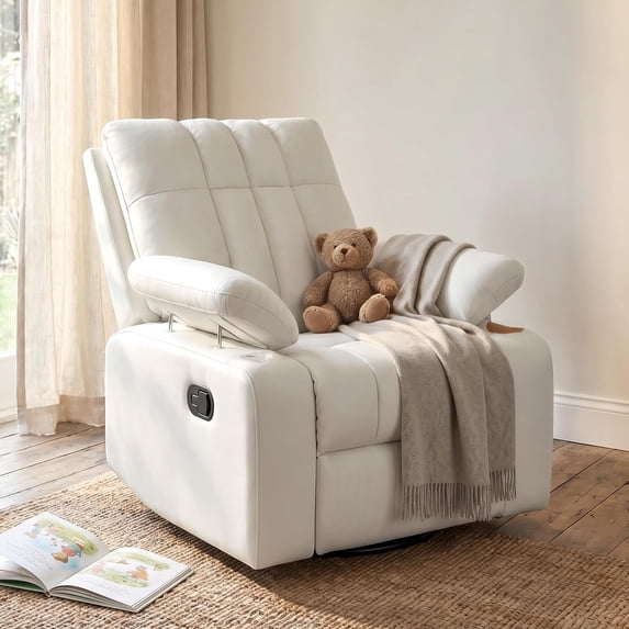LAZZO Recliner Chair with Adjustable Armrests, Upholstered Swivel Rocking Chair for Nursery and Living Room, White-Straight Line Tufting