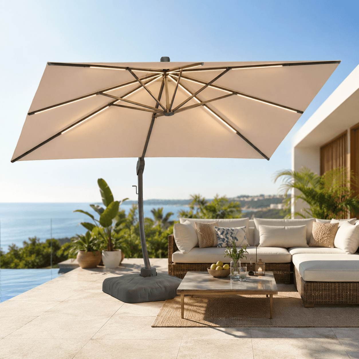 LAZZO 11ft Outdoor Patio Umbrella with Base and Light, All-Aluminum Offset Cantilever Umbrella for Pool & Backyard, Champagne