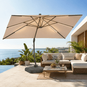 LAZZO 11ft Outdoor Patio Umbrella with Base and Light, All-Aluminum Offset Cantilever Umbrella for Pool & Backyard, Champagne
