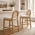 thumbnail image 1 of LAZZO Rattan Bar Stools Set of 2, Wooden Counter Height Stools with Rattan Woven Back and Chenille Seat for Dining Room, Beige, 1 of 9