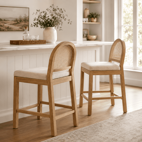 LAZZO Rattan Bar Stools Set of 2, Wooden Counter Height Stools with Rattan Woven Back and Chenille Seat for Dining Room, Beige