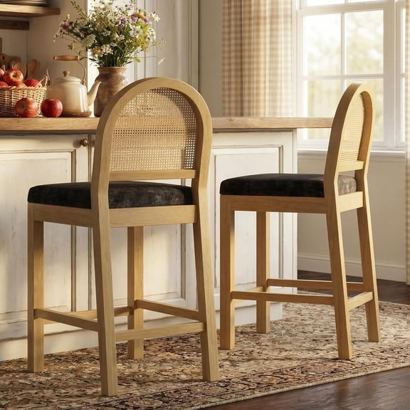 LAZZO 25" Rattan Bar Stools Set of 2, Wooden Mid-Century Modern Counter Height Stools for Dining Room, Black