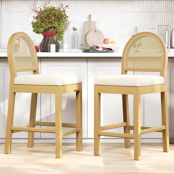 LAZZO 25" Rattan Bar Stools Set of 2, Wooden Mid-Century Modern Counter Height Stools for Dining Room, Beige