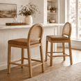 thumbnail image 1 of LAZZO Rattan Bar Stools Set of 2, Wooden Counter Height Stools with Rattan Woven Back and Chenille Seat for Dining Room, Brown, 1 of 9