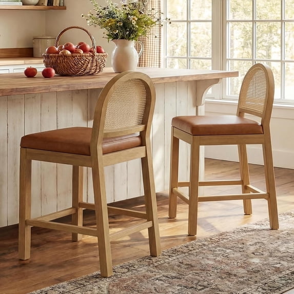 LAZZO 25" Rattan Bar Stools Set of 2, Wooden Mid-Century Modern Counter Height Stools for Dining Room, Brown