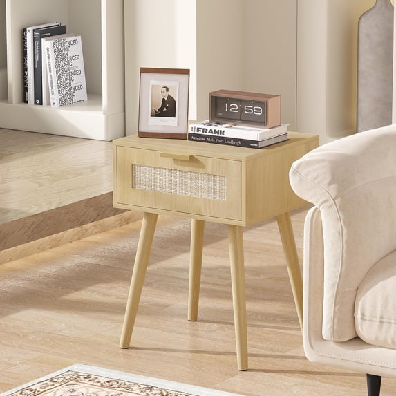 LAZZO Nightstands Set of 2, Wooden Bedside Tables with Rattan Weaving Drawers, Natural Wood