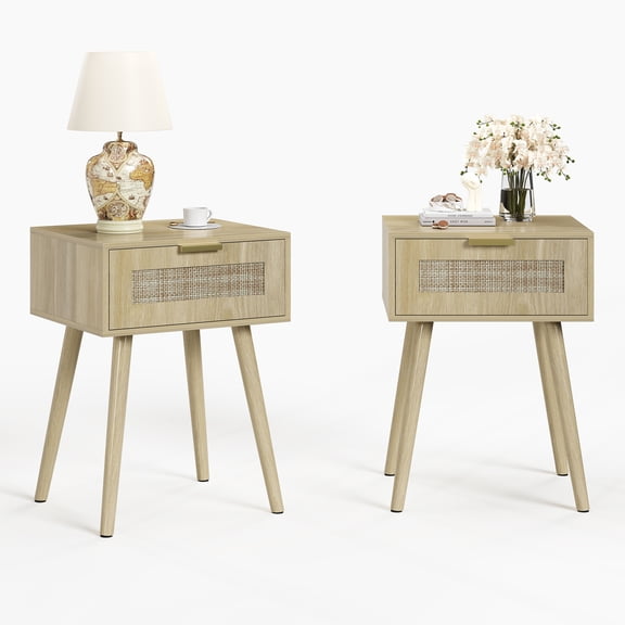 LAZZO Set of 2 Bedroom Nightstands, Wooden Bedside Tables with Rattan Weaving Drawers for Storage, Natural Wood