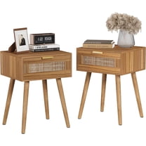 LAZZO Set of 2 Bedroom Nightstands Wooden Night Stands with Rattan Weaving Drawer Home Bedside End Table for Bedroom Storage
