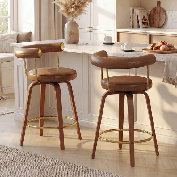LAZZO 26" Swivel Bar Stools Set of 2, Counter Height Bar Chairs with Bent Wood Legs and Back for Kitchen Island, Brown