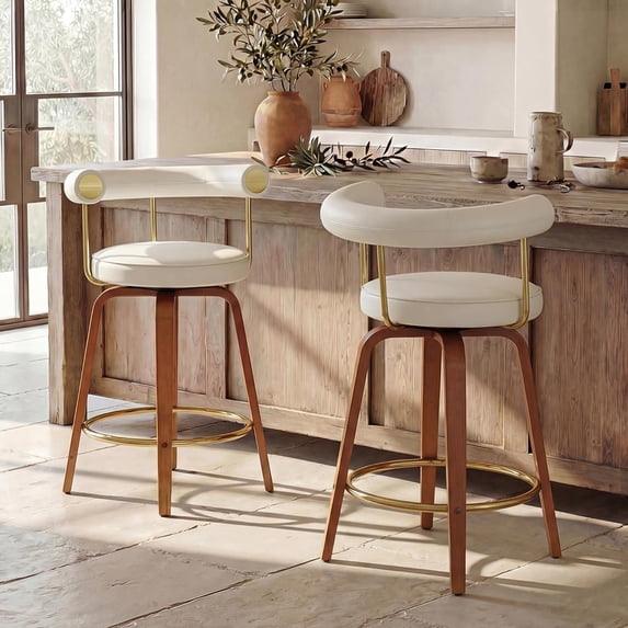 LAZZO 26" Swivel Bar Stools Set of 2, Counter Height Bar Chairs with Bent Wood Legs and Back for Kitchen Island, White