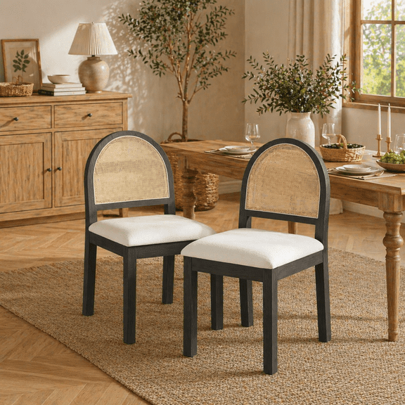 LAZZO Dining Chairs Set of 2, Farmhouse Upholstered Rattan Chairs with Chenille Seat for Kitchen Dining Room, Black
