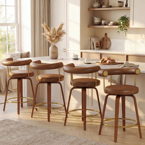 LAZZO Mid-Century Modern Swivel Bar Stools, 26" Counter Height Bar Chairs with Bent Wood Legs and Back, Faux Leather Upholstered Stools for Kitchen Island, Set of 4, Brown