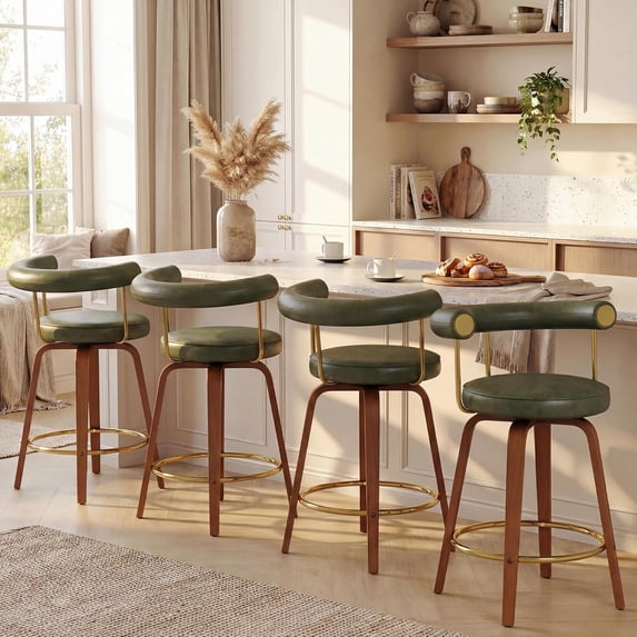 LAZZO Mid-Century Modern Swivel Bar Stools, 26" Counter Height Bar Chairs with Bent Wood Legs and Back, Faux Leather Upholstered Stools for Kitchen Island, Set of 4, Green